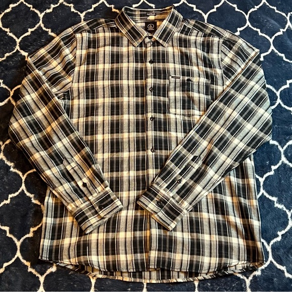 Men's Volcom Plaid Button-Up Shirt - Black and White - Picture 1 of 7